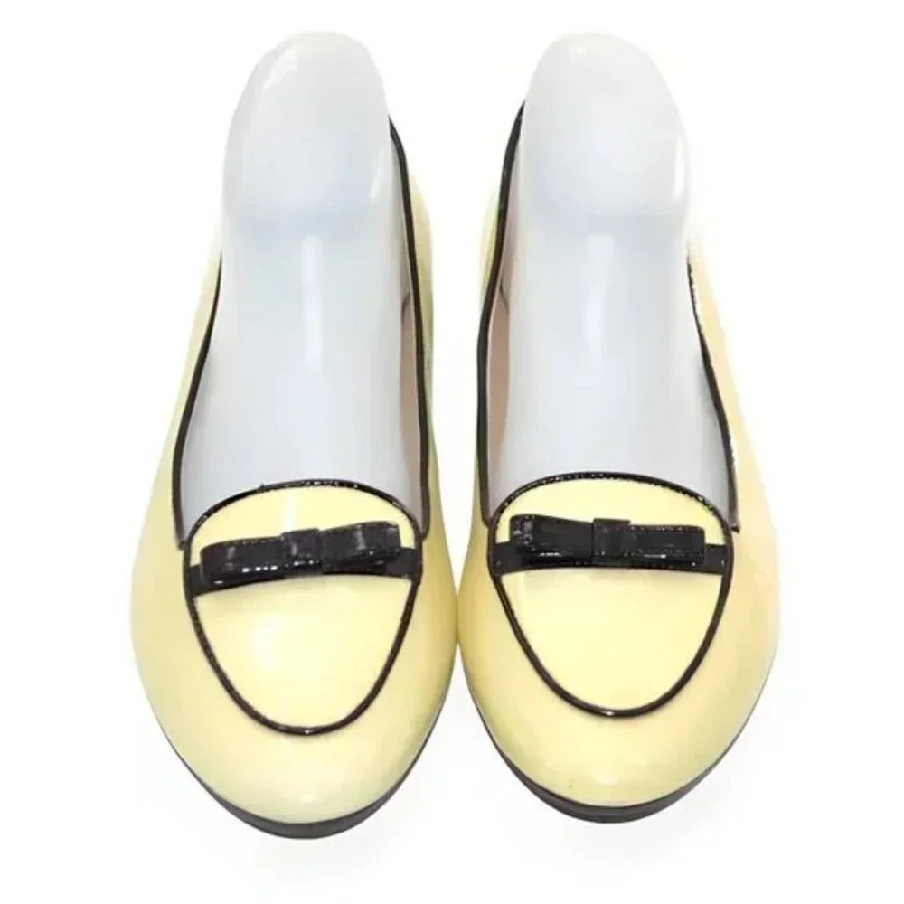 LK Bennet LKB Lemon Yellow Black Bow Cap Toe Patent Leather Shoes Loafers 39 8 - Picture 3 of 11